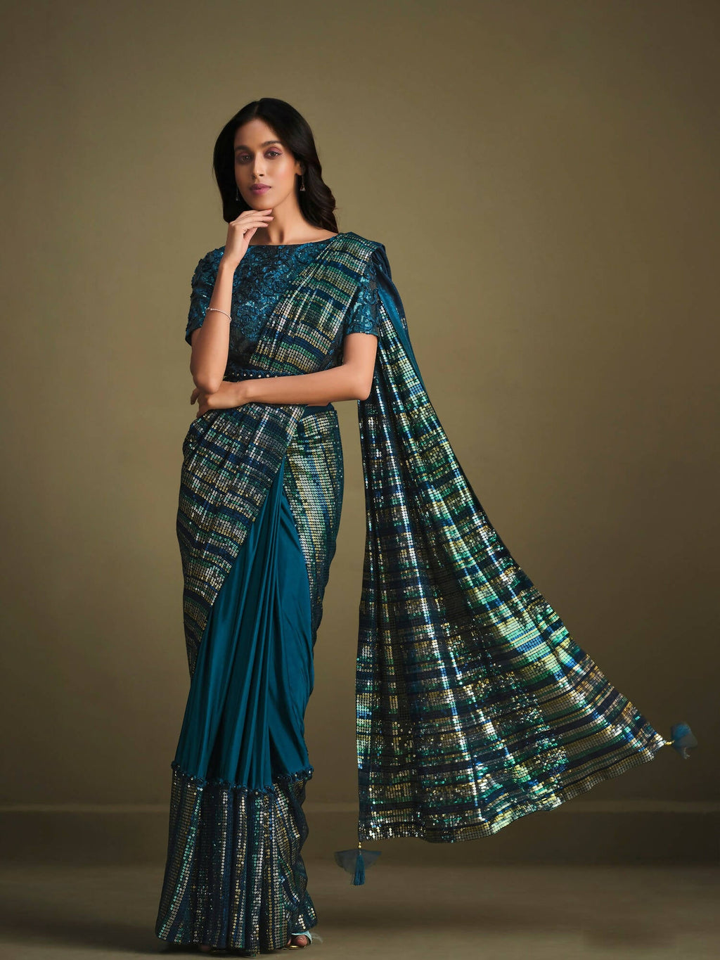 Teal Crystal Silk Sequence Embroidered Saree With Stitched Blouse - Mohmanthan La Belle