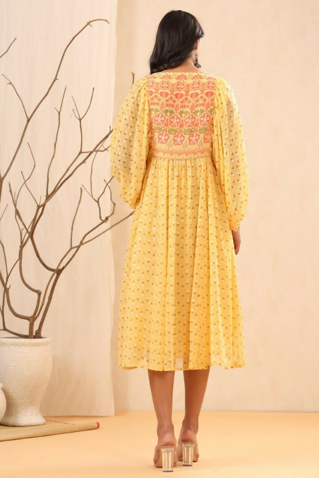 Juniper Yellow Ethnic Motif Printed Georgette Midi Dress With Sequins Work - Distacart