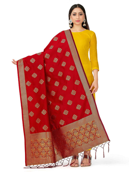 Mimosa Women's Banarasi Art Silk Floral Maroon Dupatta (Free Size)