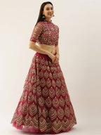 House of Panchhi Women Rosegold Net Embroidered Mirror Lehenga & Blouse with Dupatta