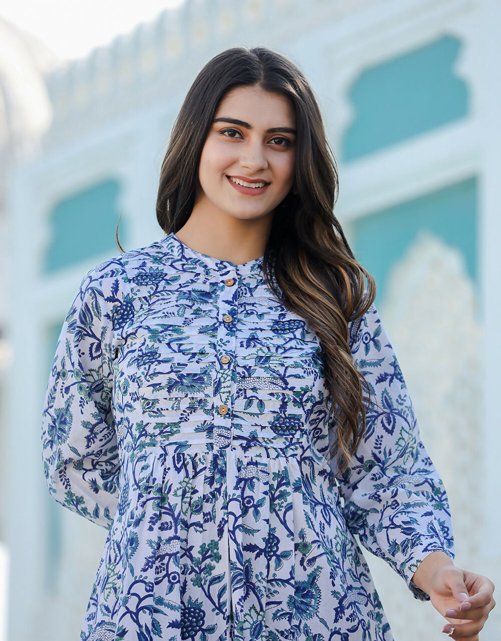 Kaajh Women's White-Blue Hand Block Printed Cotton Top