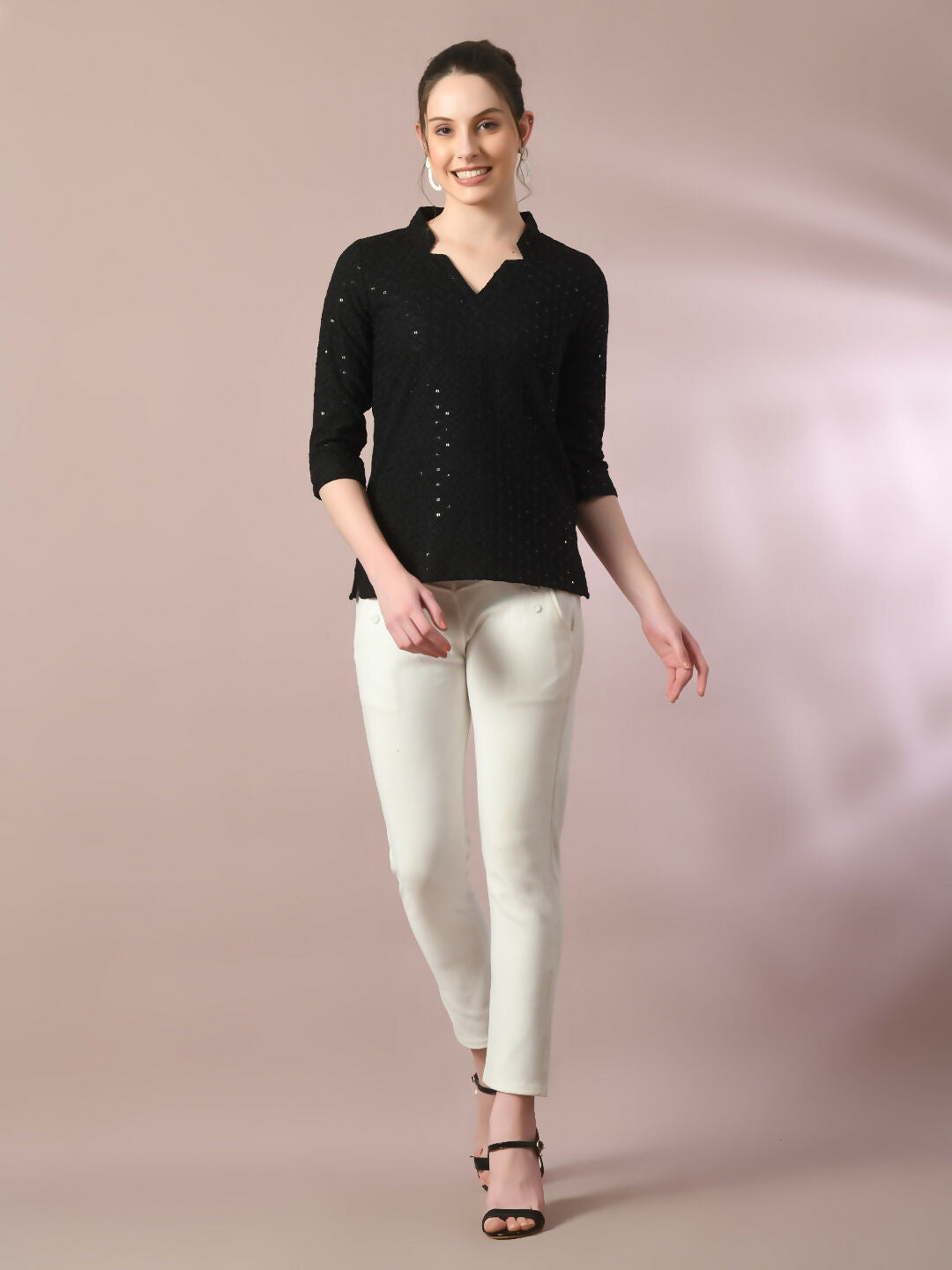 Myshka Women's Black Embellished Cotton Regular Party Tunic