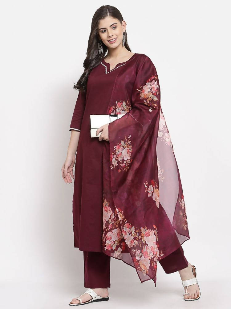 Myshka Women's Burgundy Cotton Solid 3/4 Sleeve Square Neck Casual Kurta Pant Dupatta Set
