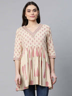 Ahalyaa Women Beautiful Beige Pure Cotton Printed Tunic - Distacart