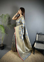 Joban Fashion Grey Ethnic Floral Motifs Soft Lichi Silk Banarasi Saree - Distacart