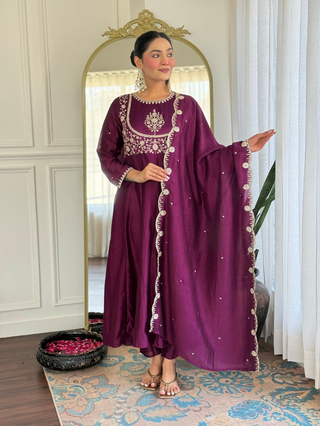 The52 Women's Beautiful Vichitra Silk Fabric Embroidery Work Flared Anarkali Pant and Dupatta Set - Distacart