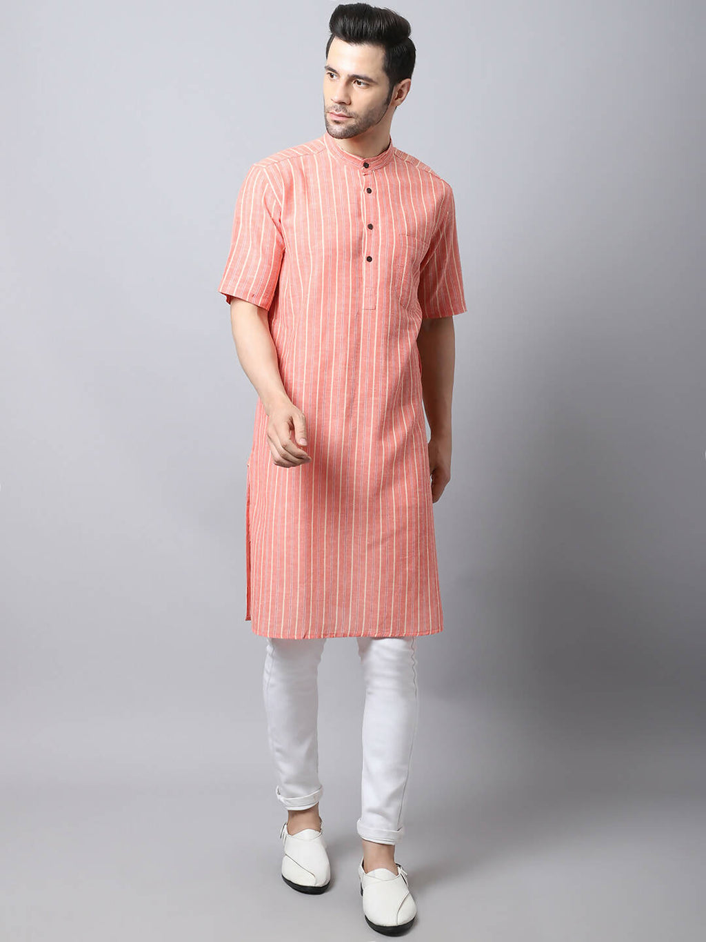 Even Apparels Beige Pure Cotton Kurta With Band Collar - Distacart