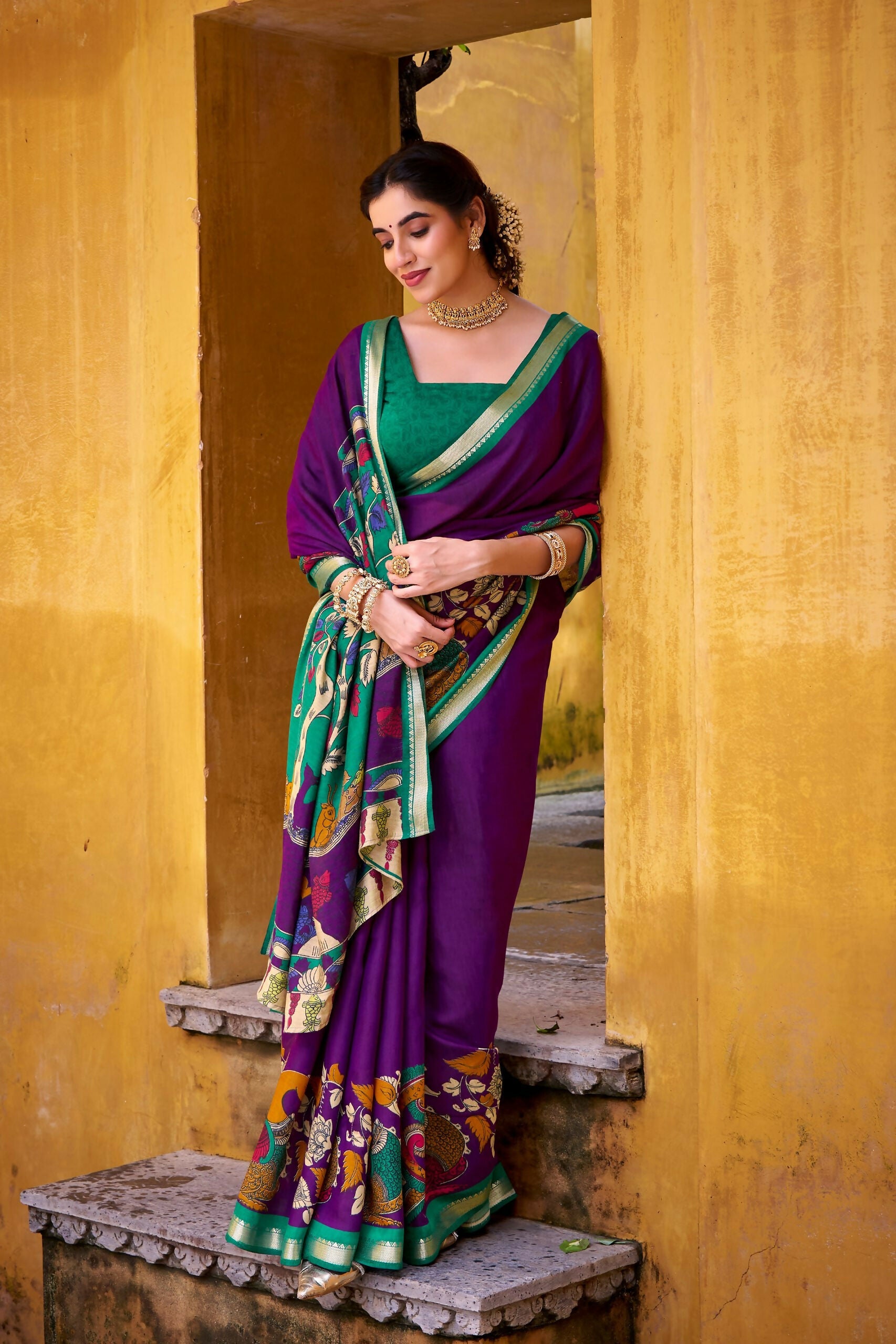 Vastranavya Purple Viscose Chanderi Kalamkari Print with Zari Working Saree & Unstitched Blouse - Distacart