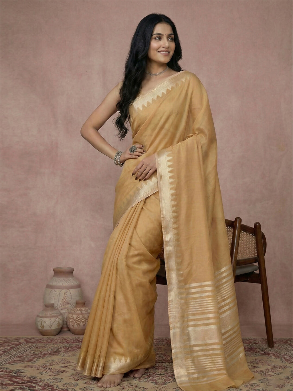 Shree Shyam Fashion Golden Cotton Saree - Distacart