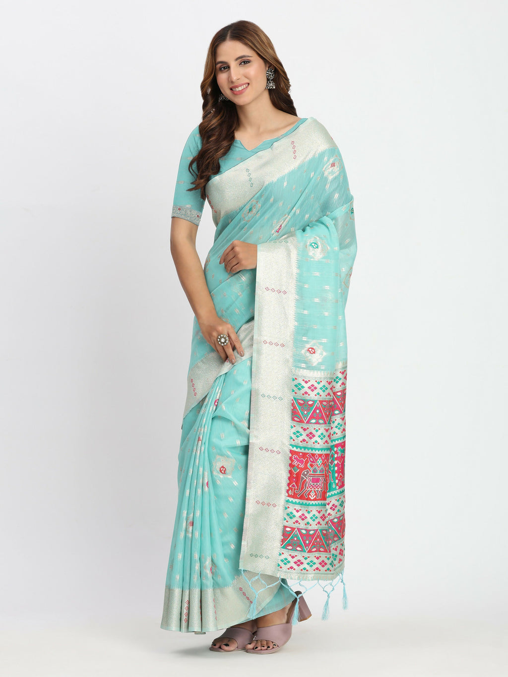 Shree Shyam Fashion Linen Cotton Sea Green Saree - Distacart