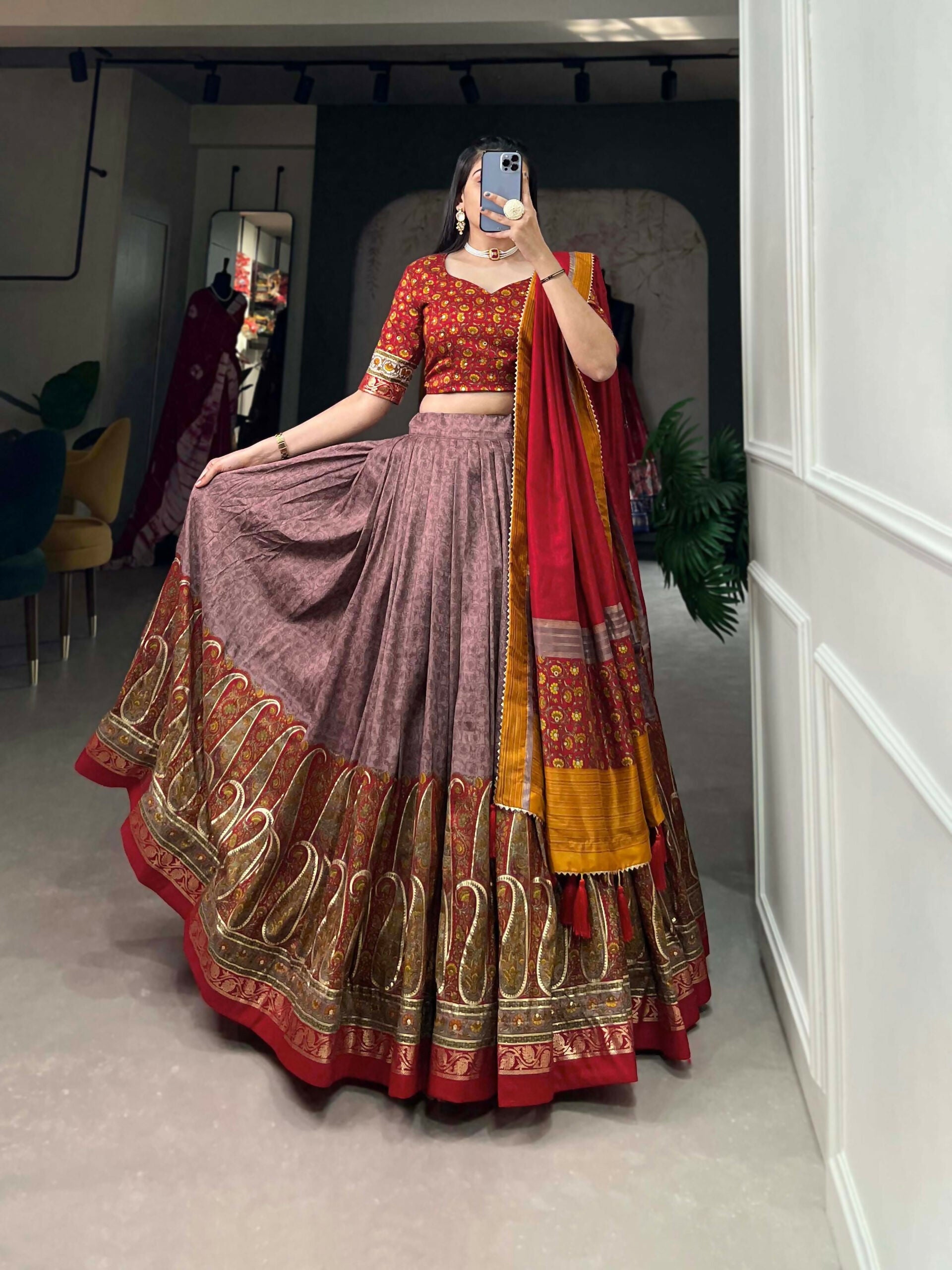 Vastranavya Kashmiri Print With Foil Print Lehenga with Unstitched Printed Blouse - Onion