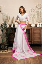 Vastranavya White Digital Printed Linen Ready To Wear Designer Saree with Unstitched Blouse - Distacart