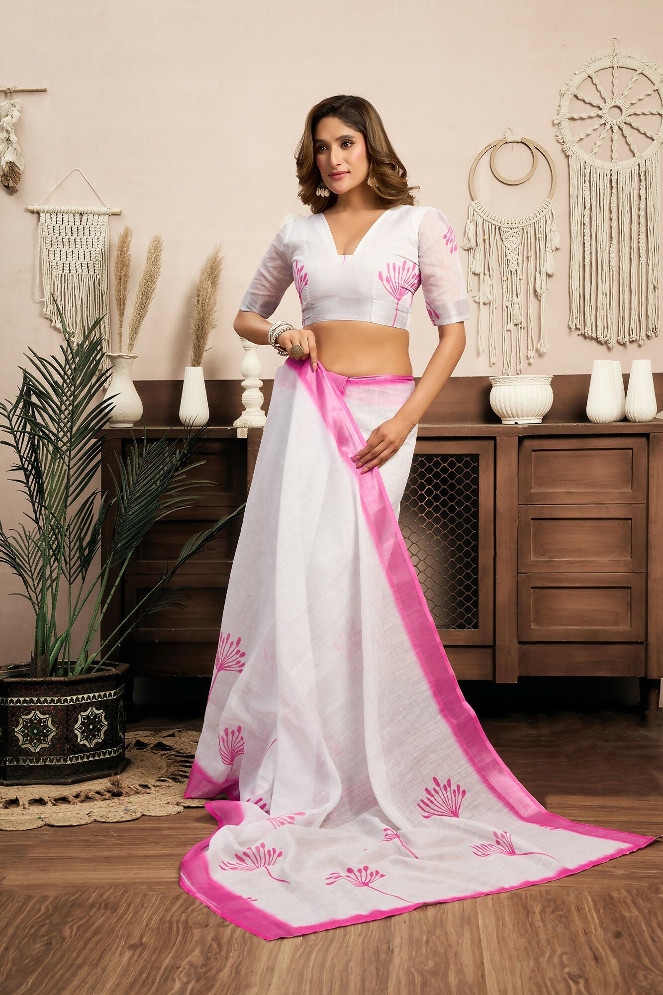 Vastranavya White Digital Printed Linen Ready To Wear Designer Saree with Unstitched Blouse - Distacart