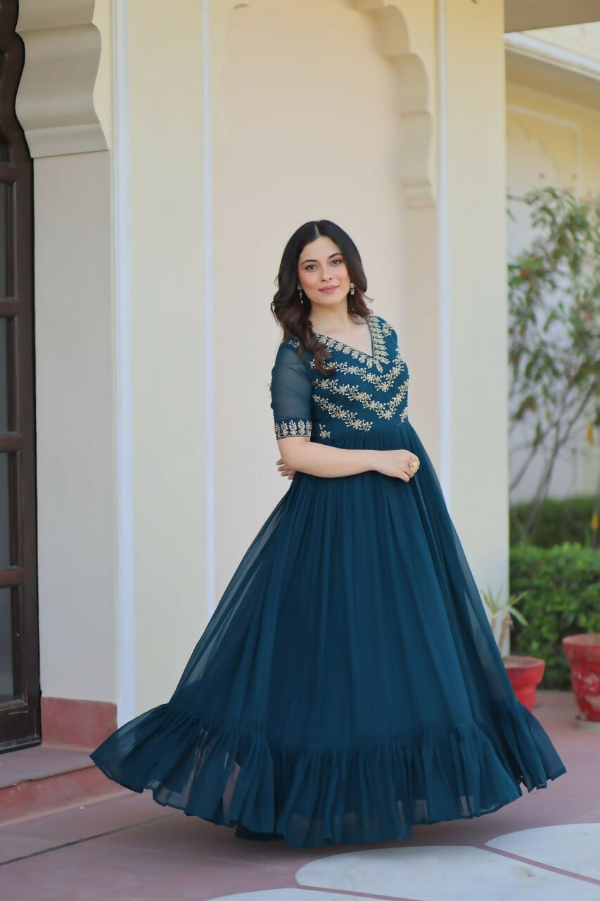 Teeya Creation Rama Color Faux Georgette Party Wear Hand Embroidery Work Long Gown - Distacart