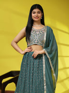 Green Georgette Embroidered Lehenga choli with Dupatta - Dhara