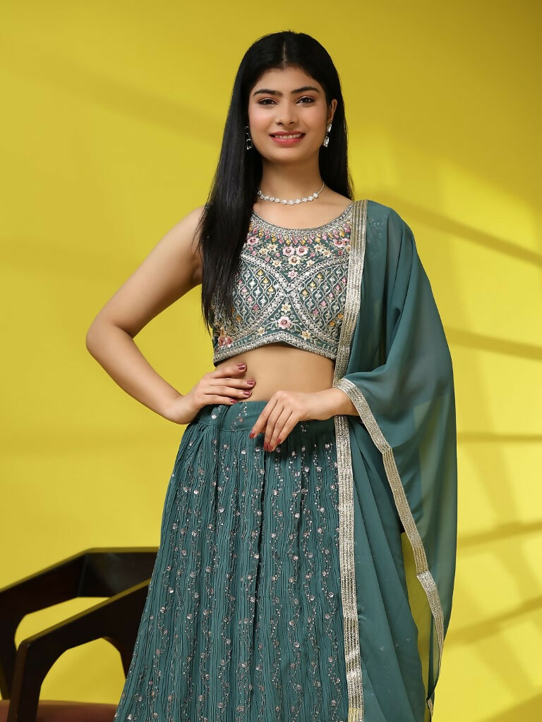 Green Georgette Embroidered Lehenga choli with Dupatta - Dhara