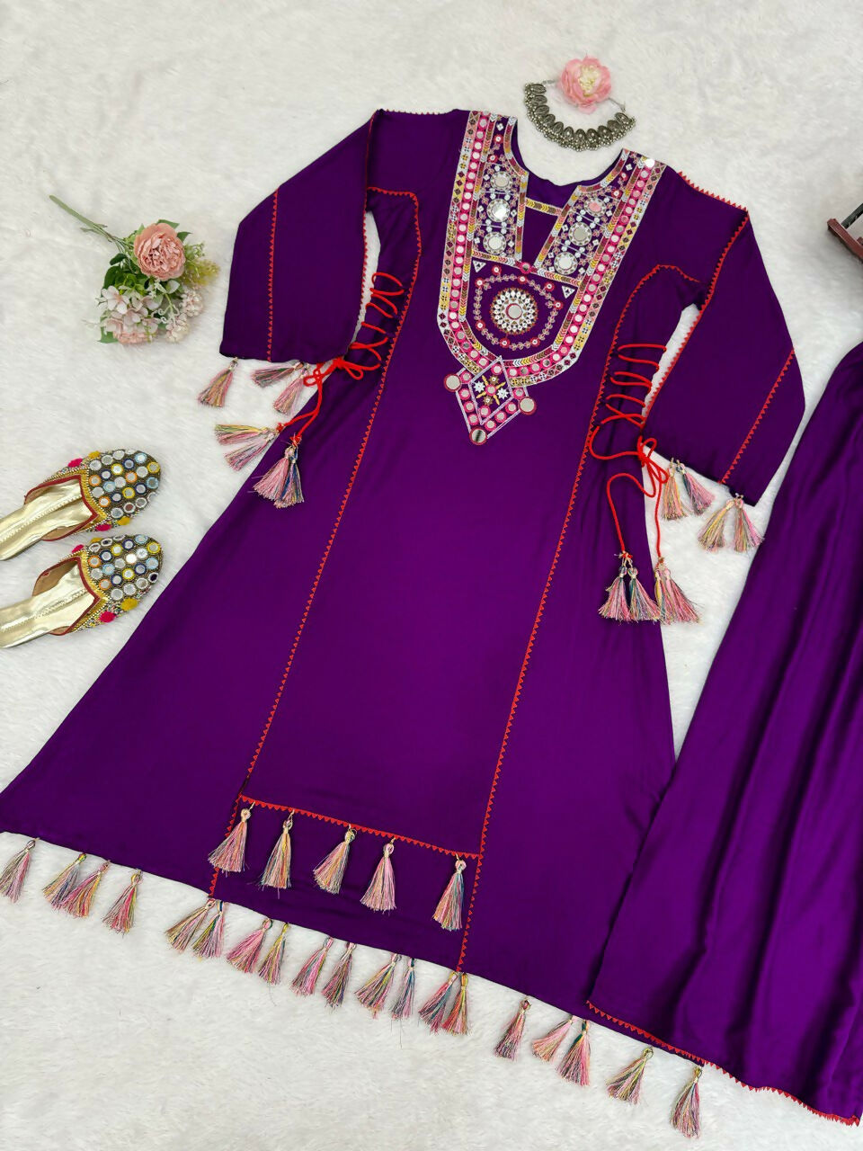 The52 Women's Gorgeous Rayon Fabric Thread Work Straight Kurta Palazzo Set - Distacart
