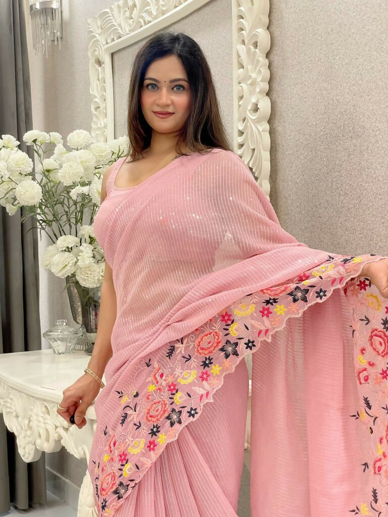 Pink Shimmer Silk Multi Thread Sequence Embroidery Work Saree - Kashta
