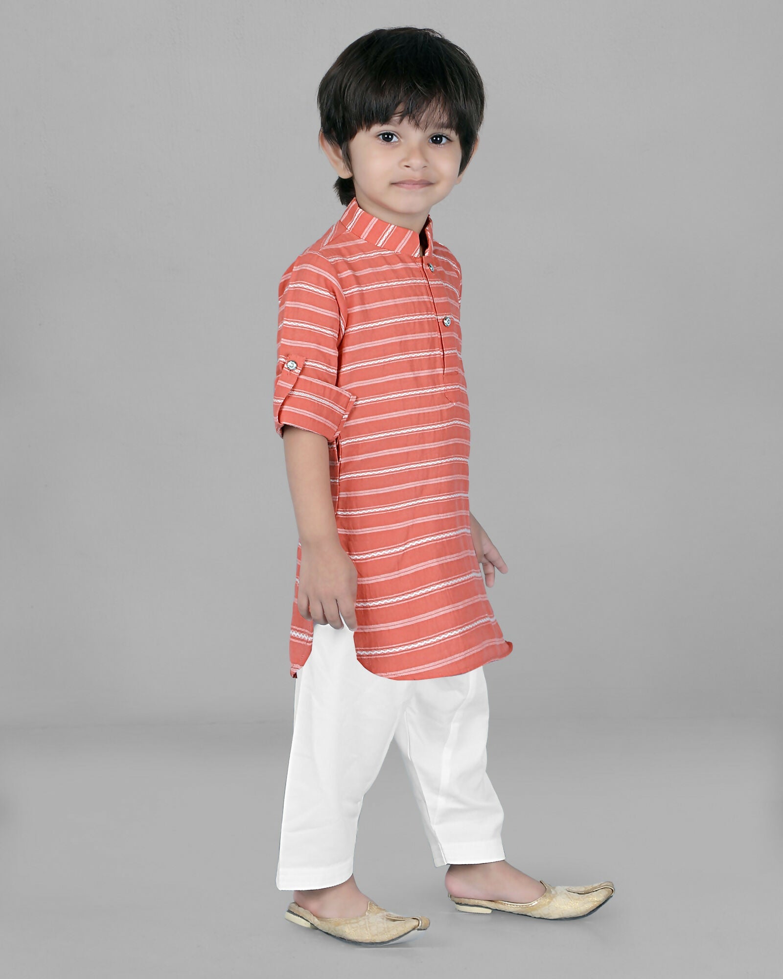 Joban Fashion Kids Island Cotton Full Sleeves Striped Kurta and Pyjama- Peach - Distacart