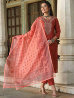 Juniper Women's Rust Silk Solid Embroidered Kurta Set - Distacart