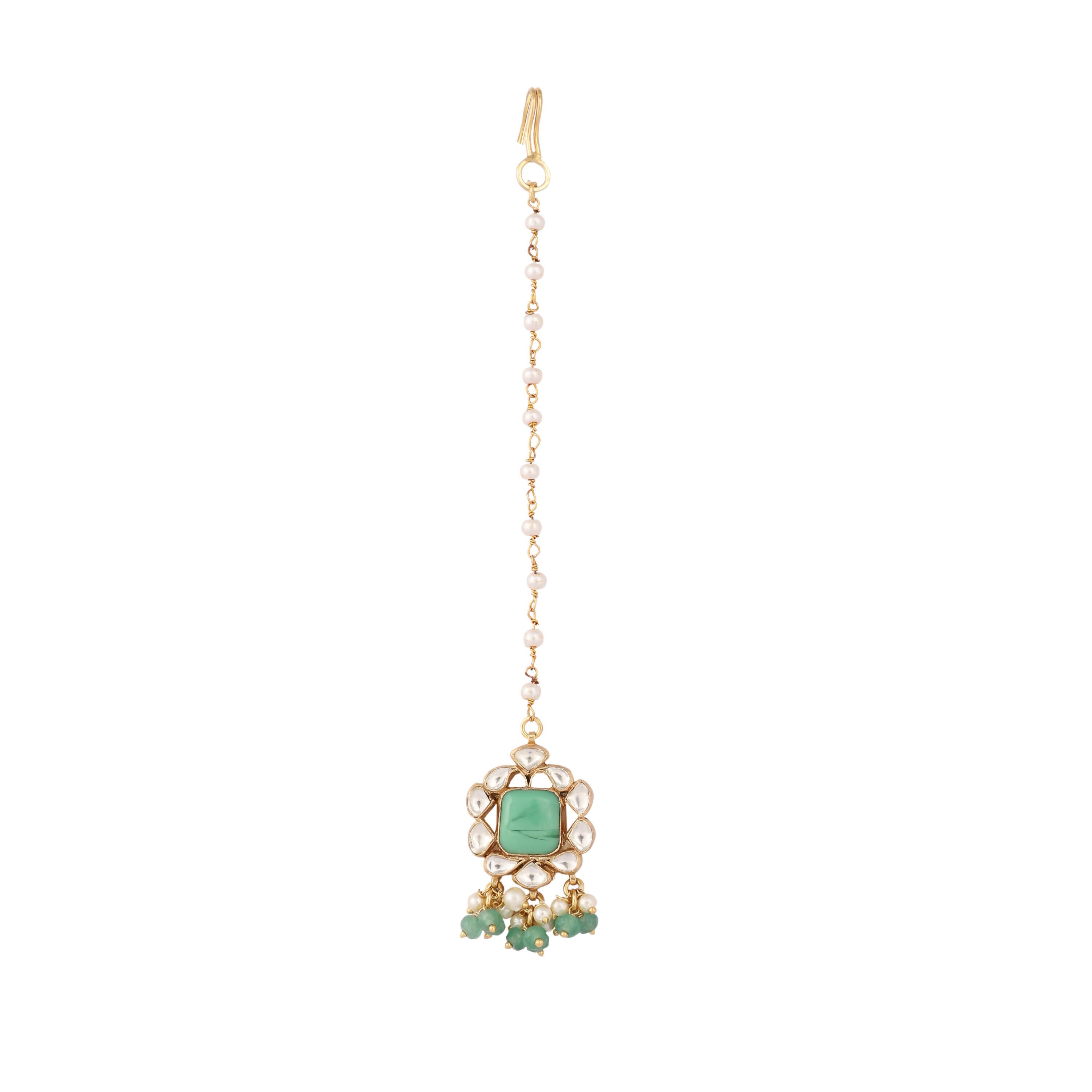 Nuyug 22K Gold-Plated Kundan & Green Stone Embellished Maang Tikka Head Jewellery - Distacart