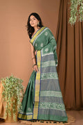 Very Much Indian Pure Cotton Handloom Saree With Intricate Borders - Green - Distacart