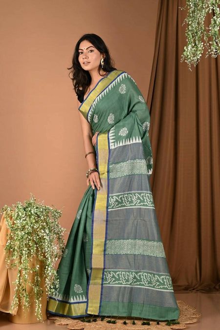 Very Much Indian Pure Cotton Handloom Saree With Intricate Borders - Green