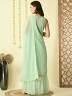 Myshka Women's Green Georgette Kurta & Skirt With Dupatta Party Sets
