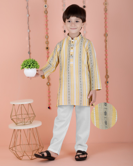 Joban Fashion Kids Island Cotton Full Sleeves Striped Kurta and Pyjama- Yellow