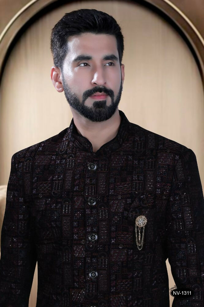 Joban Fashion Men's Blue Base (Multi-Colour) Velvet Kurta with Pyjama
