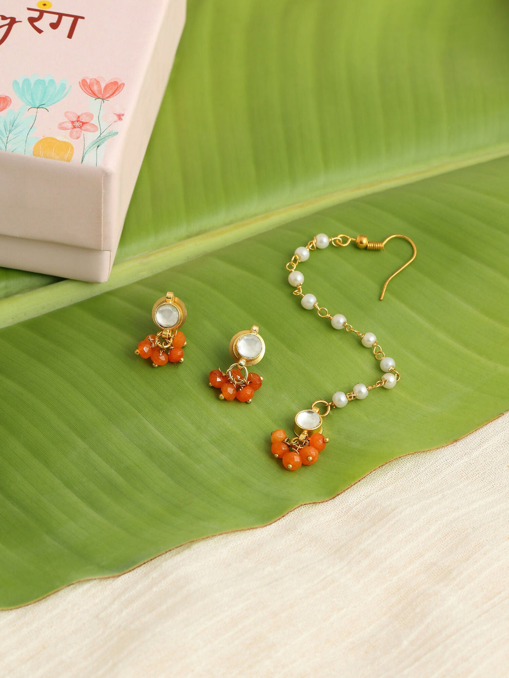 Ruby Raang Mannat Set Of 2 - Orange Embedded Maang Tikka And Earrings - Distacart
