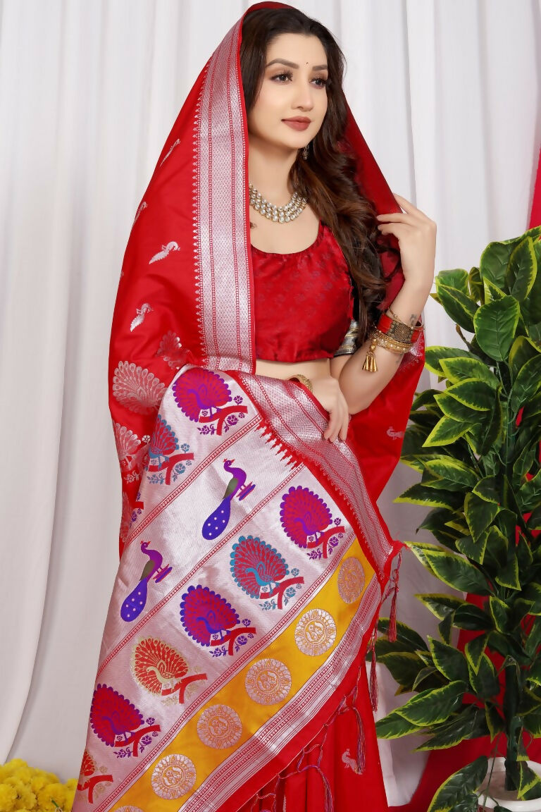 Jyoti Fashion Women's Red Paithani Silk Zari Woven Saree with Blouse