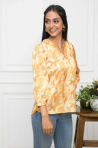 Myshka Women Floral V-Neck Regular Sleeves Polyester Mustard Top - Distacart