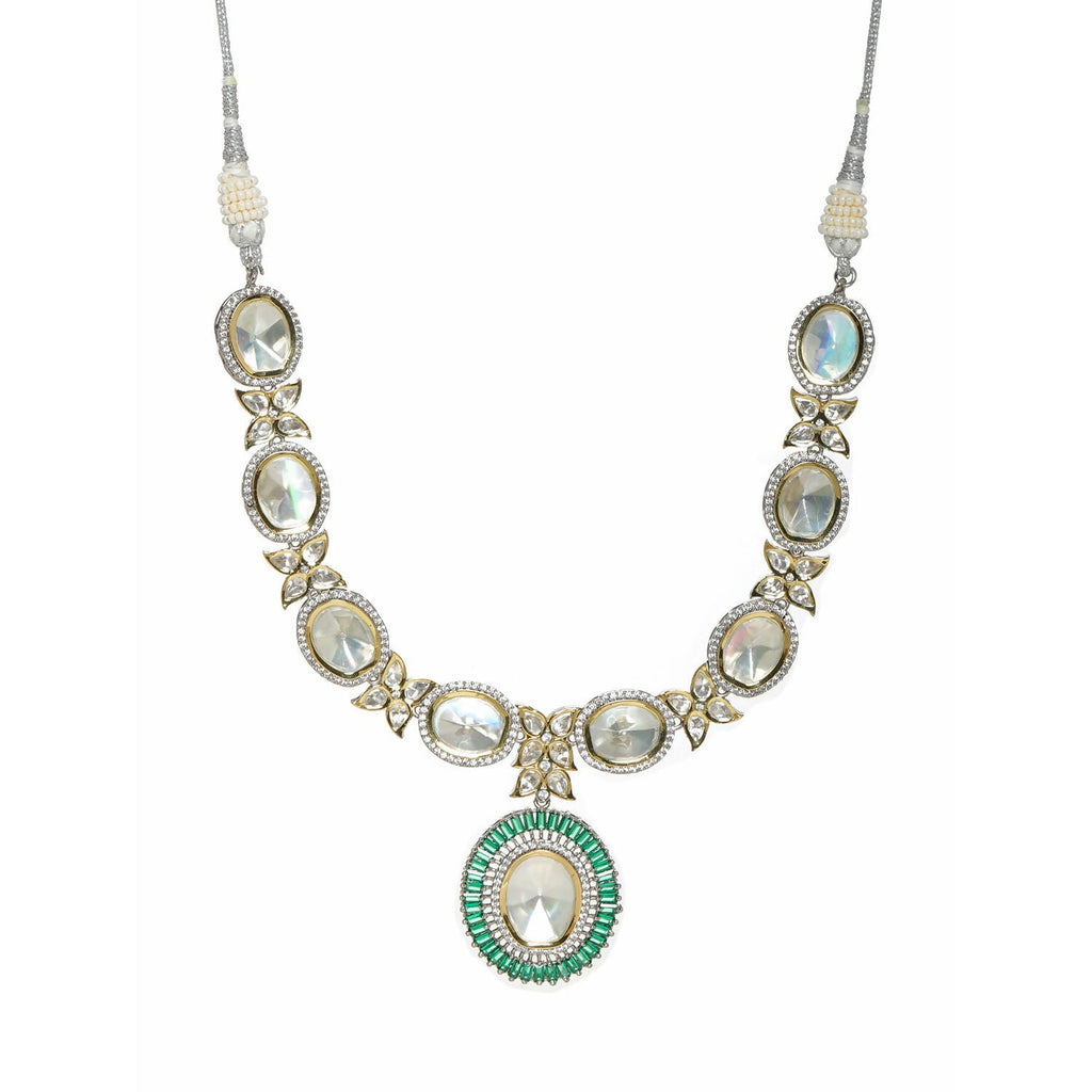 Gold and Silver Tone Neckpiece with Green Center Piece (Silver) - Ruby Raang