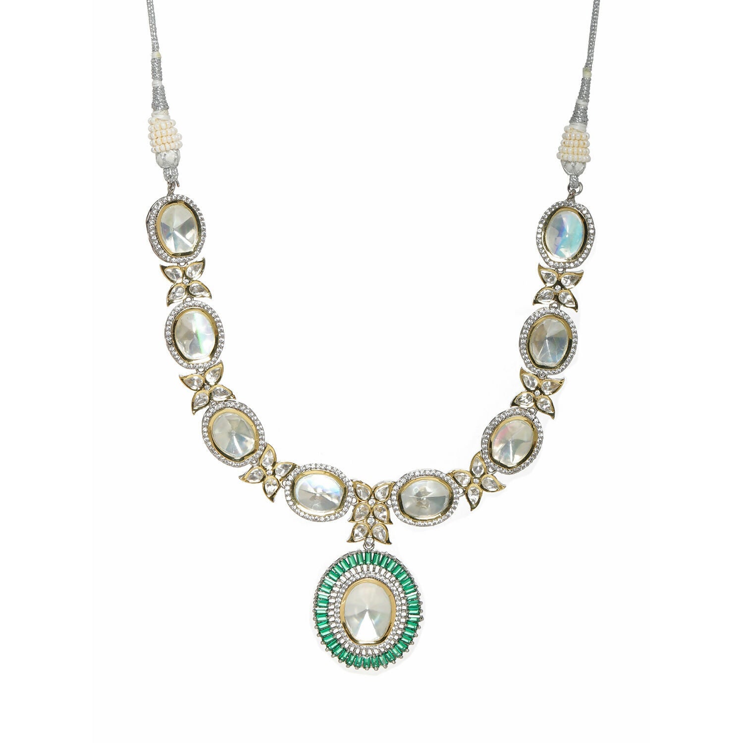Gold and Silver Tone Neckpiece with Green Center Piece (Silver) - Ruby Raang