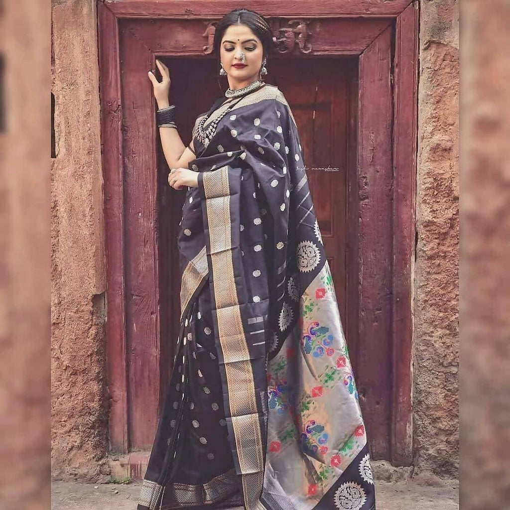 DEIANA'S Beautiful Designer Golden zari Soft Lichi Silk Saree - Black