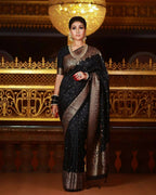 DEIANA'S Beautiful Designer Golden zari Soft Lichi Silk Saree - Black