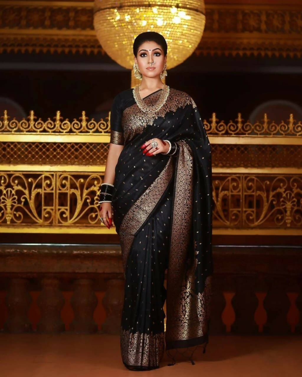 DEIANA'S Beautiful Designer Golden zari Soft Lichi Silk Saree - Black