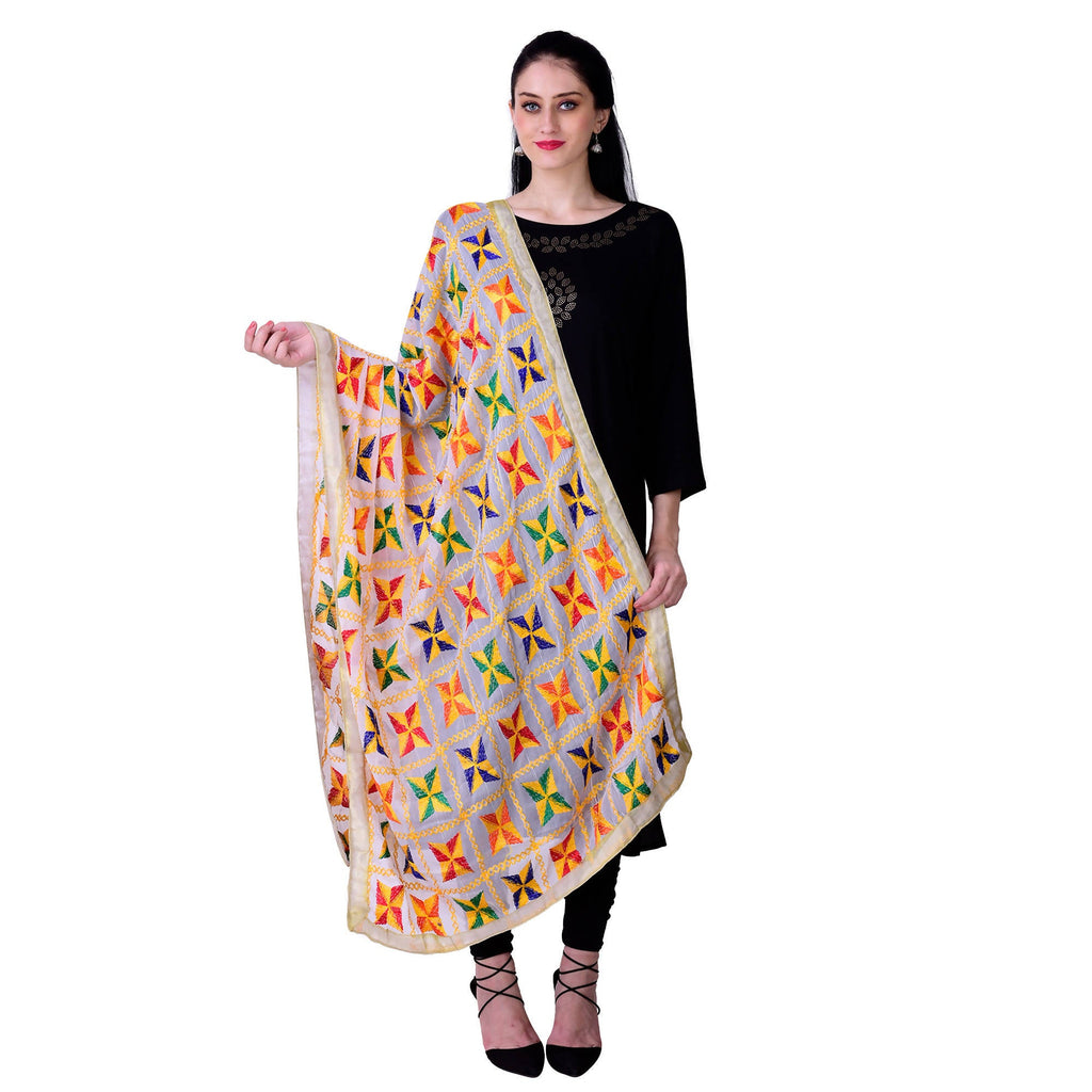 SWI Stylish Women's Embroidered Phulkari Chiffon White Dupatta
