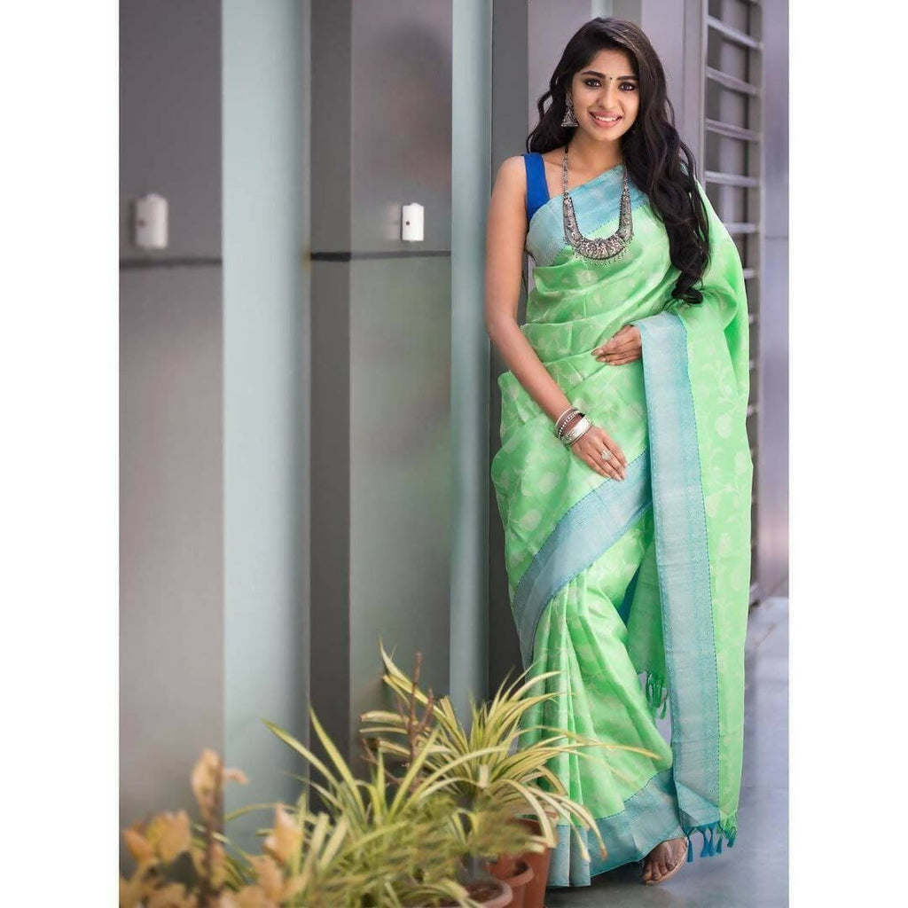 DEIANA'S Beautiful Designer Golden zari Soft Lichi Silk Saree - Pista