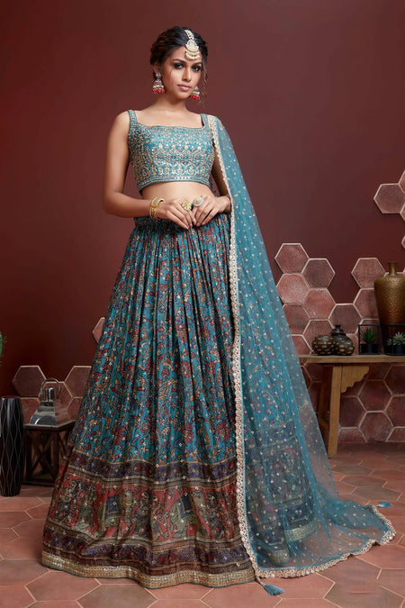 Wedding Designer Sky Chinon Silk Lehenga Choli - Anbazaar