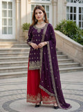 Teeya Creation Wine Chinon Silk Embroidery Work Party Wear Palazzo Pair - Distacart