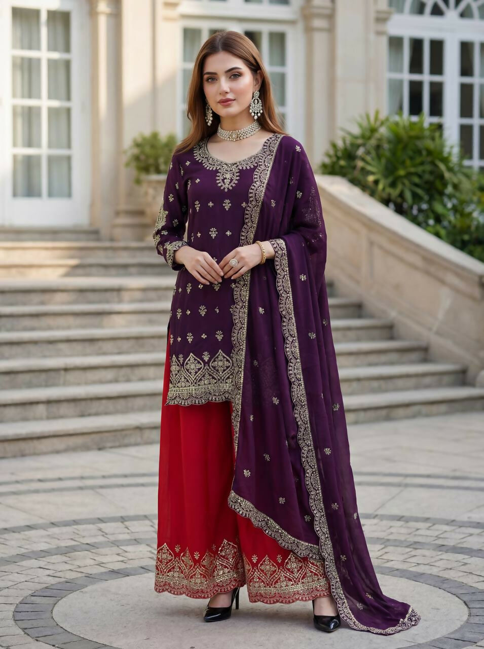 Teeya Creation Wine Chinon Silk Embroidery Work Party Wear Palazzo Pair - Distacart