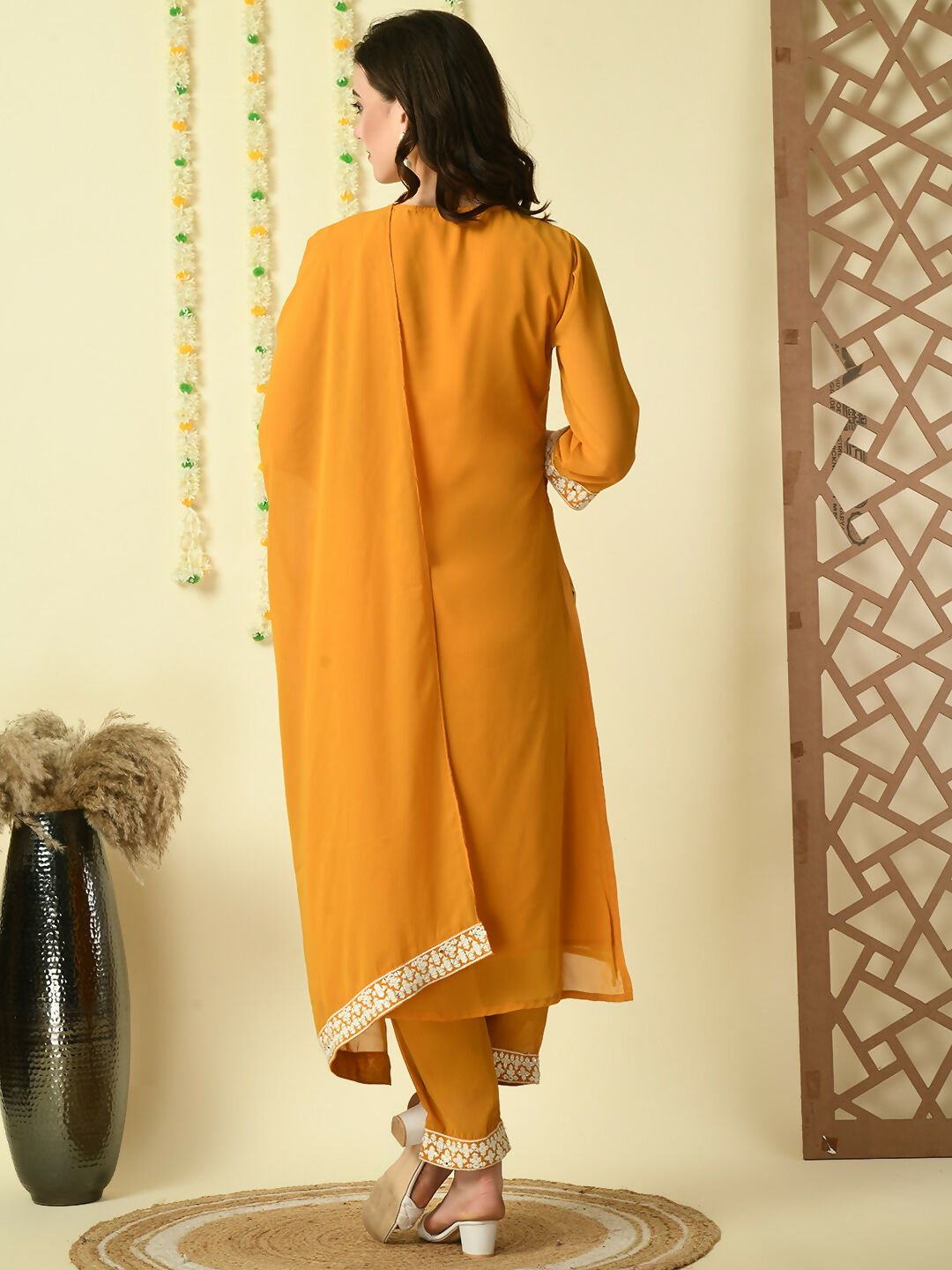 Myshka Women's Mustard Georgette Kurta & Trousers With Dupatta Party Sets
