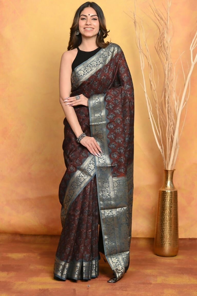 Very Much Indian Modal Silk Ajrakh Handblock Printed Natural Dyes With Designer Border Saree - Dark Maroon