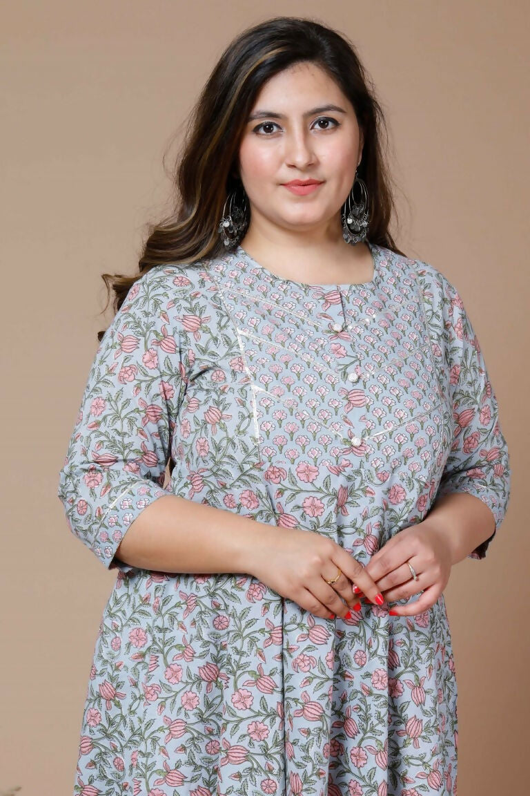 Miravan Women's Plus Size Blue Ethnic Motifs Gotta Patti Pure Cotton Anarkali Kurta