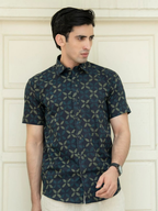 Miravan Men's Pure Cotton Blue Abstract Printed Half Sleeve Slim Fit Shirt