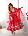 The52 Women's Gorgeous Floral Printed Organza Silk Fabric Flared Anarkali Pant and Dupatta Set - Distacart