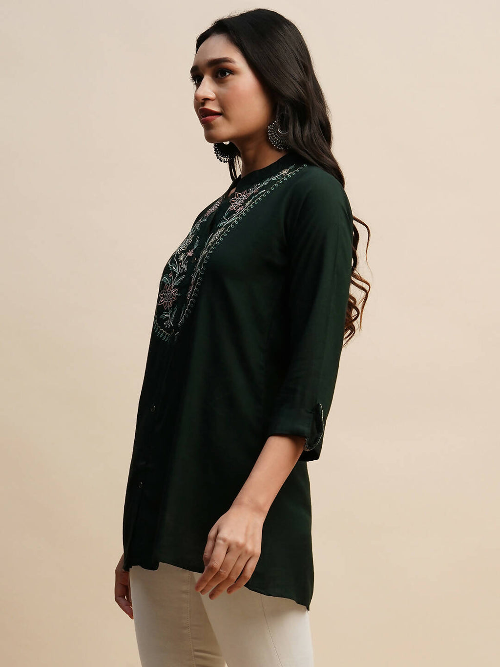 Dark Green Rayon Embroidered Top - Tarini