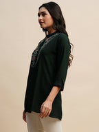 Dark Green Rayon Embroidered Top - Tarini